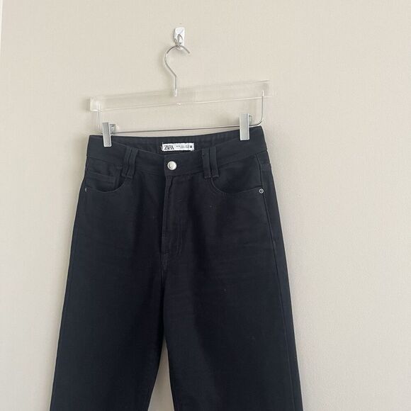 ZARA Wide Leg Jeans Womens 4 Black High Waist 100% Cotton Classic Minimalist - Picture 9 of 14